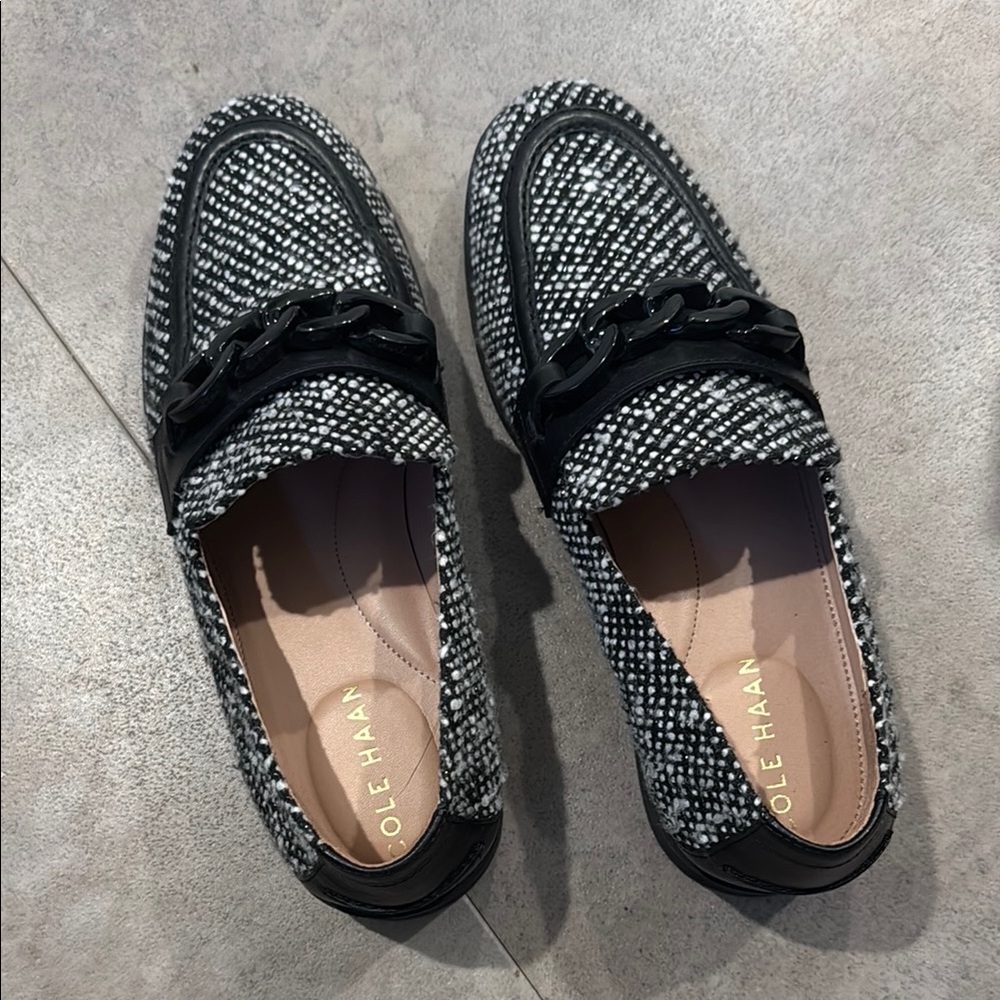 Cole Haan Stassi Chain Tweed Monochrome Woven Loafers